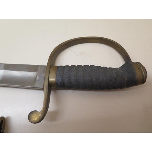 956 - A brass hilted Police or Customs hanger sword with shagreen grip and leather scabbard, blade length ... 