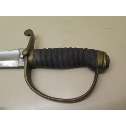 956 - A brass hilted Police or Customs hanger sword with shagreen grip and leather scabbard, blade length ... 