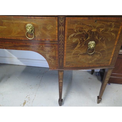 100 - A 19th century inlaid mahogany bowfronted sideboard with two drawers and a cupboard having a brass r... 