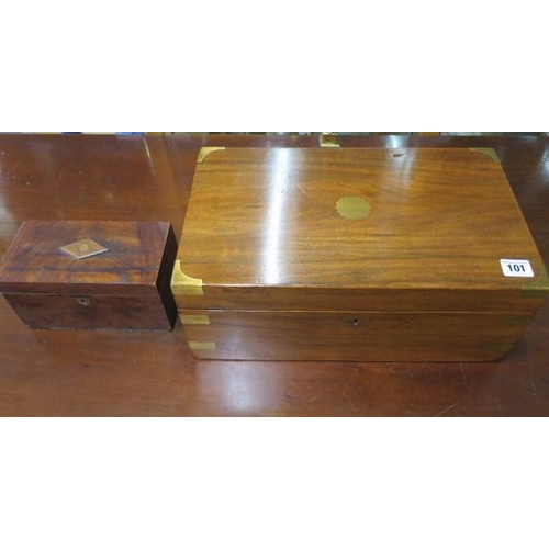 101 - A Victorian brass cornered mahogany writing slope, 16cm x 40cm x 24cm, and a small caddy