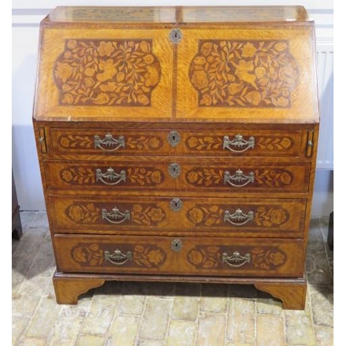 103 - A marquetry inlaid four drawer bureau with a fitted interior, 111cm tall x 97cm x 48cm