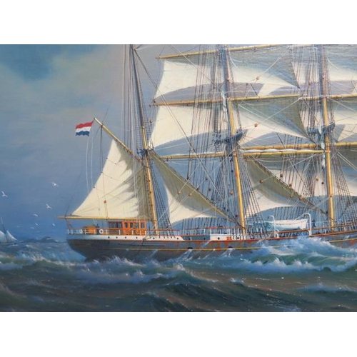 241 - C A De Vries Dutch 20th Century oil on canvas of a three mast sailing ship, signed and dated 73 in a... 