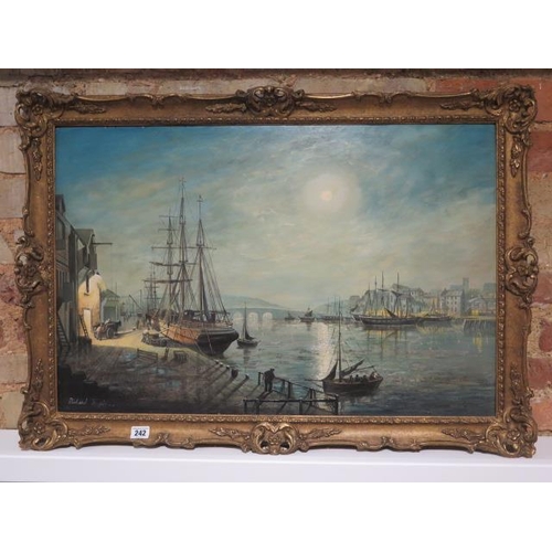 242 - An oil on board of sailing ships in harbour, signed Richard Temple, in a gilt swept frame 61cm x 87c... 