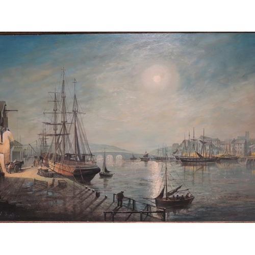 242 - An oil on board of sailing ships in harbour, signed Richard Temple, in a gilt swept frame 61cm x 87c... 