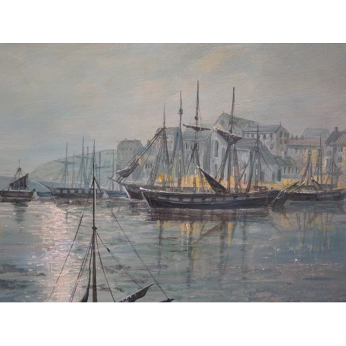 242 - An oil on board of sailing ships in harbour, signed Richard Temple, in a gilt swept frame 61cm x 87c... 