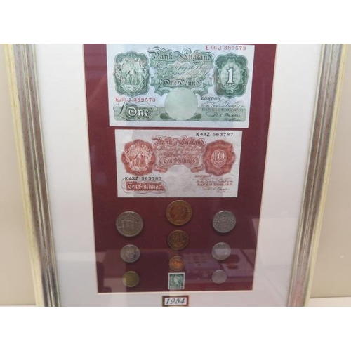 869 - A framed 1954 coin and banknote set and other coinage including four coin collections