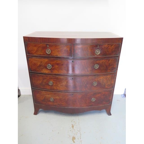 91 - A 19th century mahogany bow fronted five drawer chest on splayed bracket feet in restored condition,... 