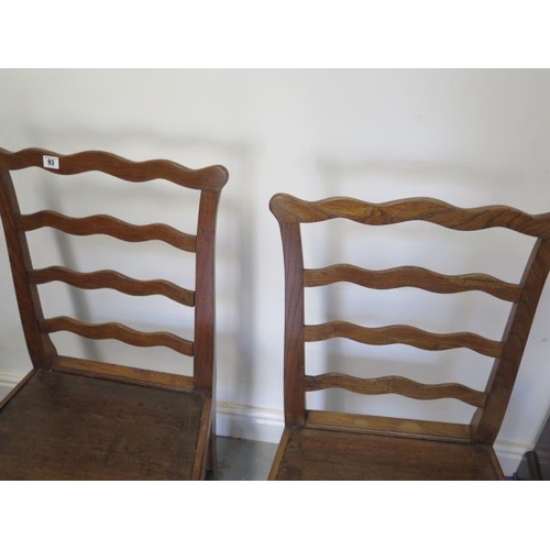 93 - A pair of 18th century elm side chairs, 94cm and 95cm tall x 53cm wide, with a good colour