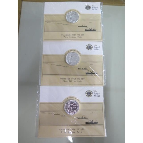 766 - Three 2014 fine silver £20 outbreak coins