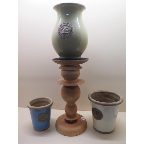 13 - Three Kew Botanic Gardens pots, tallest 26cm, and a wooden stand 41cm tall