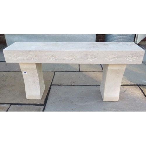18 - A handmade limestone garden bench with carved detail to front, 47cm tall x 100cm long x 23cm deep