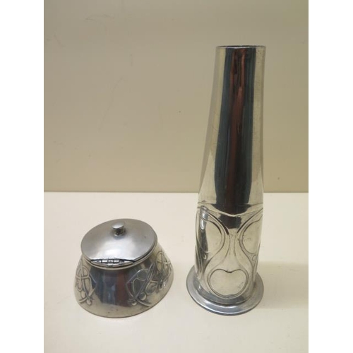 A Tudric pewter vase, 23cm tall, number 0327 and a English pewter desk inkwell no 0653, inkwell missing insert and small marks, finial slightly bent , wearto hinge otherwise generally good