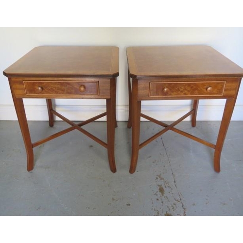 35 - A pair of new burr wood lamp / wine tables, each with a single drawer, made by a local craftsman to ... 