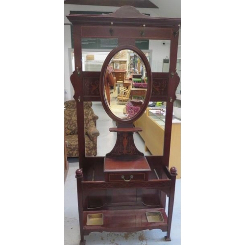 54 - An Edwardian inlaid mahogany mirrorback hall stand with a glove drawer, 215cm tall x 91cm wide x 36c... 