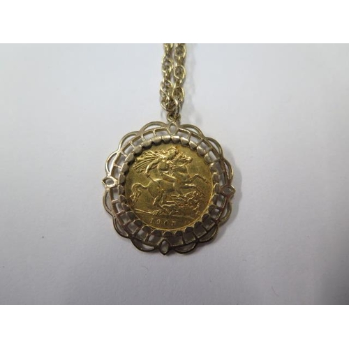 763 - Edward VII gold half sovereign on a gilt metal chain, total approx 13.2 grams