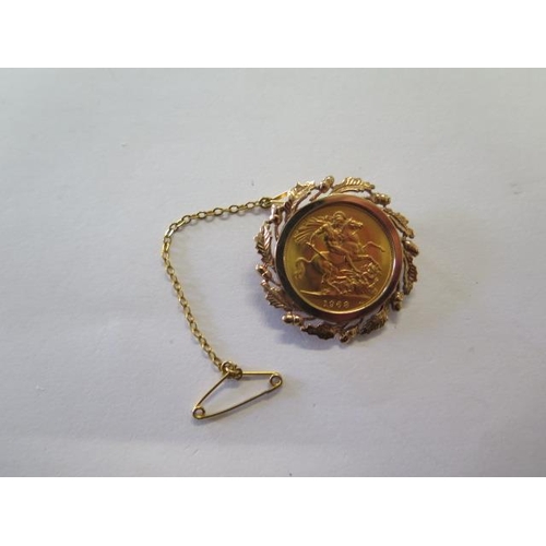 764 - Elizabeth II gold full sovereign dated 1968 in a hallmarked 9ct yellow gold brooch mount with safety... 