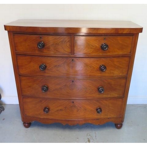 79 - A Victorian bowfronted mahogany five drawer chest, 114cm tall x 121cm x 52cm, in polished condition