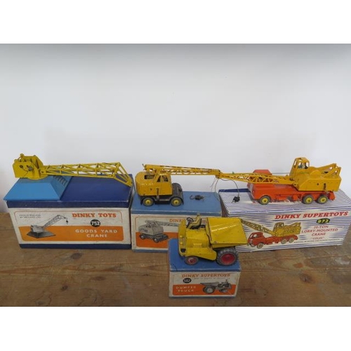 805 - Three boxed Dinky Toys cranes, 20 ton Coles, Goods Yard, Coles Mobile and a boxed Dumper truck 562, ... 