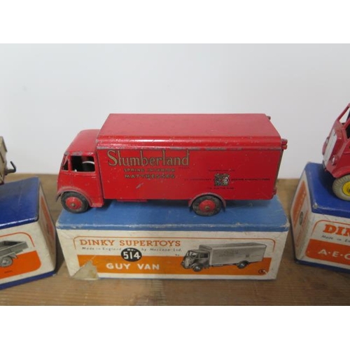 806 - 4 Dinky lorries- A.E.C tanker 591, Guy van 514, Big Bedford 522 and Foden 501 and a fire engine 555,... 