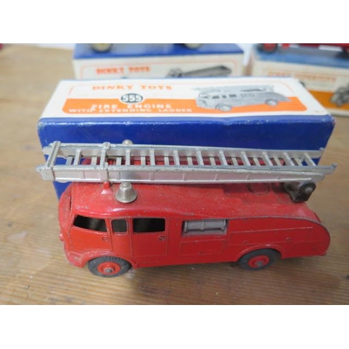 806 - 4 Dinky lorries- A.E.C tanker 591, Guy van 514, Big Bedford 522 and Foden 501 and a fire engine 555,... 