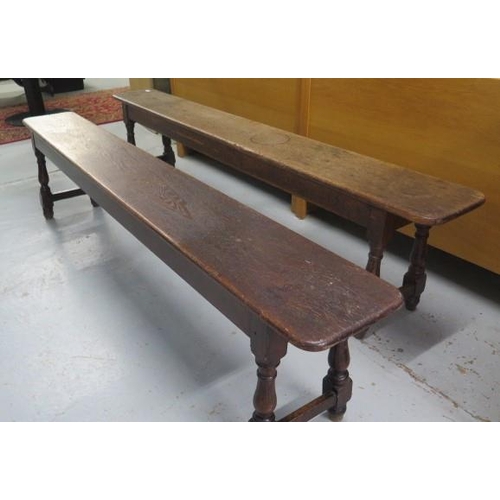 82 - A pair of Victorian oak  benches, apparently from a Cambridge Court ,51cm tall x 27cm wide x 213cm l... 