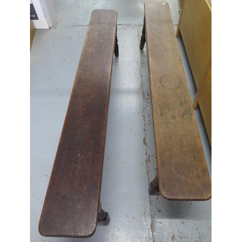 82 - A pair of Victorian oak  benches, apparently from a Cambridge Court ,51cm tall x 27cm wide x 213cm l... 