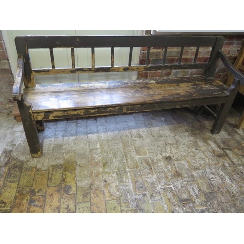 87 - A Continental pine hall shabby chic bench, 92cm tall x 193cm x 49cm