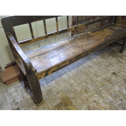 87 - A Continental pine hall shabby chic bench, 92cm tall x 193cm x 49cm