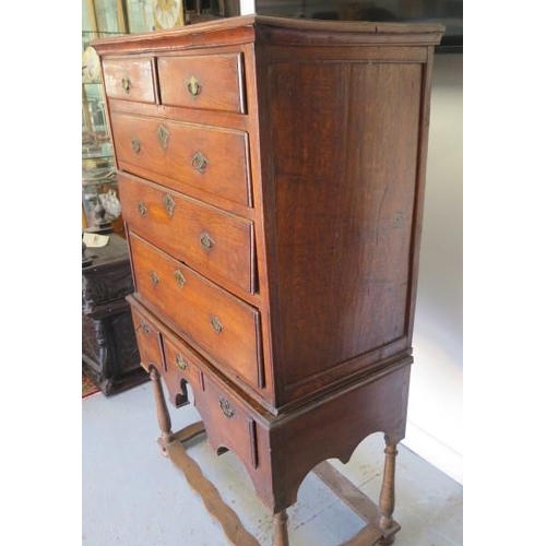 106 - An 18th century and later oak 5 drawer chest on a 3 drawer stand, 160cm tall x 97cm x 51cm