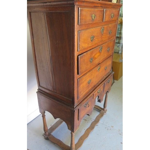 106 - An 18th century and later oak 5 drawer chest on a 3 drawer stand, 160cm tall x 97cm x 51cm