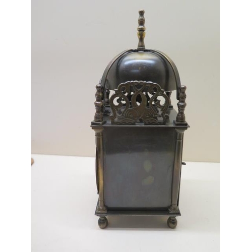 158 - A Smiths brass lantern clock, 25cm tall with key, running