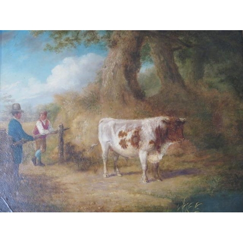 221 - An unsigned oil on wooden panel Country scene with a cow a farmer and gentleman, in a gilt frame, fr... 