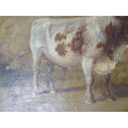 221 - An unsigned oil on wooden panel Country scene with a cow a farmer and gentleman, in a gilt frame, fr... 