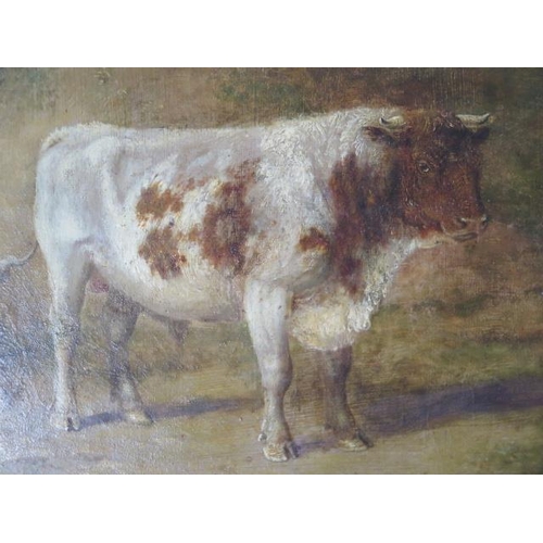 221 - An unsigned oil on wooden panel Country scene with a cow a farmer and gentleman, in a gilt frame, fr... 