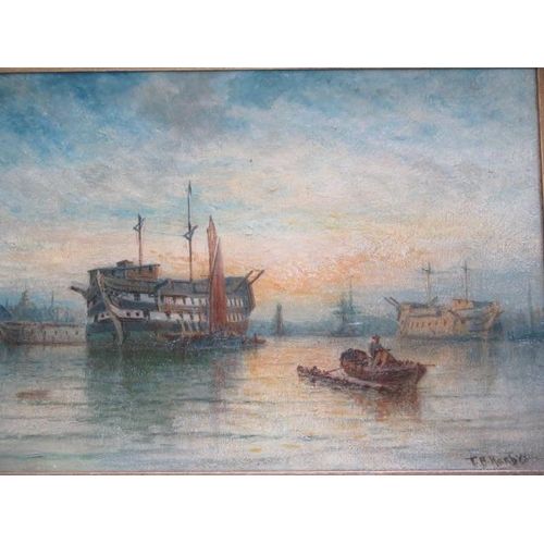 225 - An oil on canvas of a naval mooring signed T B Hardy with plaque to frame, gilt frame approx 29cm x ... 