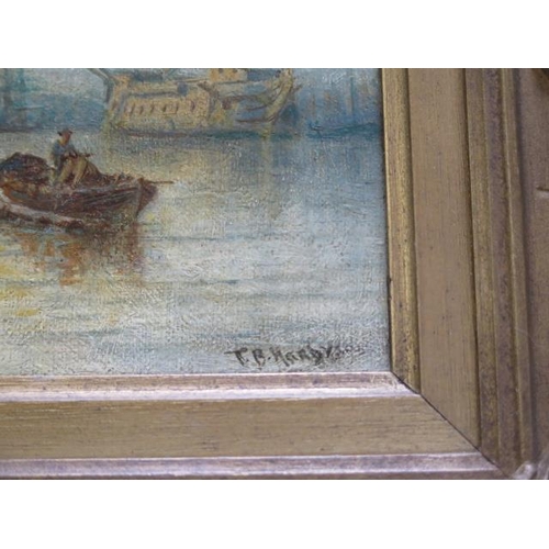 225 - An oil on canvas of a naval mooring signed T B Hardy with plaque to frame, gilt frame approx 29cm x ... 