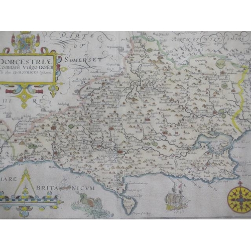 227 - William Kip a coloured map of Dorcestriae in an ebonised frame, frame size 47cm x 56cm, generally go... 