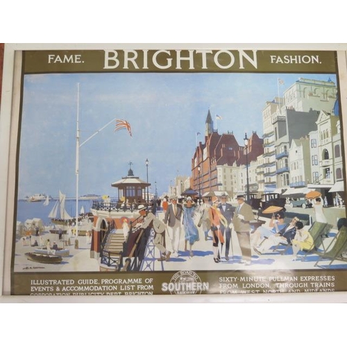 228 - Two framed posters of Brighton in white frames- perspex missing to one, frame size 53cm x 73cm (copi... 