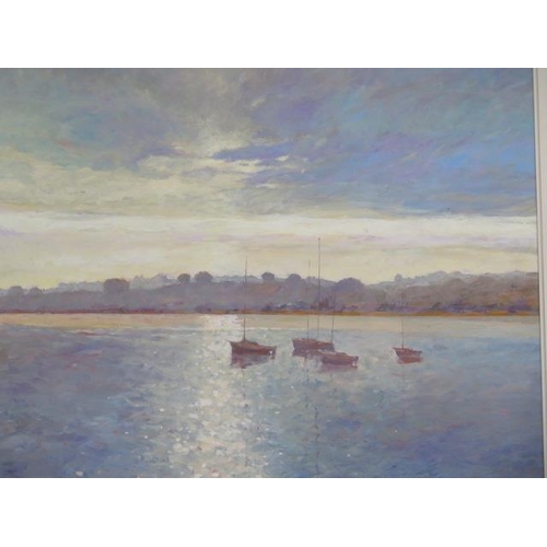 231 - John Hammond (20th century British), oil on board, boats at anchor in a painted frame, frame size 69... 