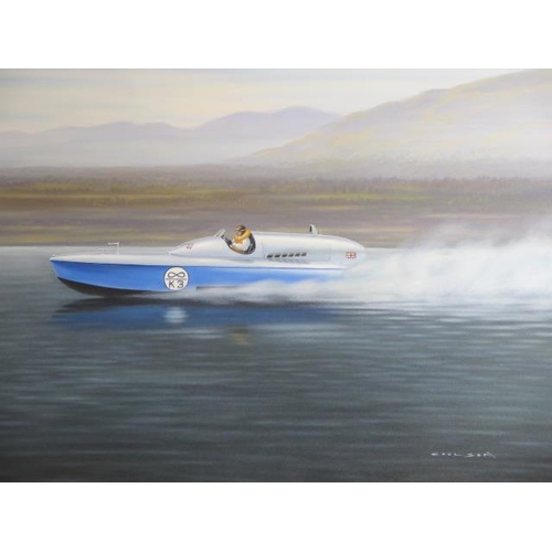 240 - Gerald Coulson, British b.1926, oil on canvas Sir Malcolm Campbell's record breaking boat Bluebird, ... 