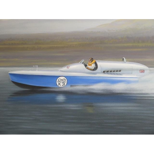 240 - Gerald Coulson, British b.1926, oil on canvas Sir Malcolm Campbell's record breaking boat Bluebird, ... 