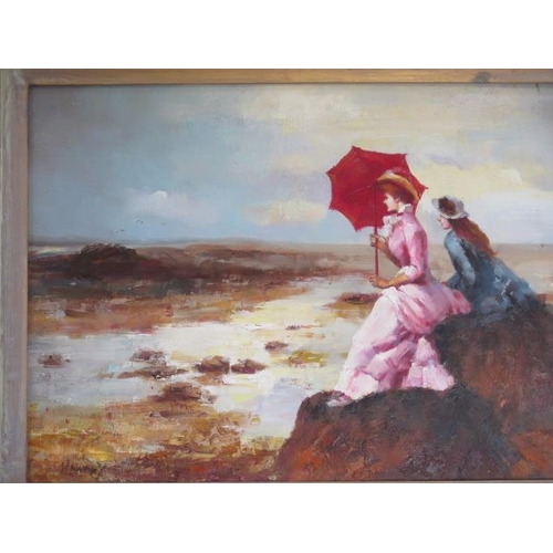 255 - An oil on board ladies looking out to sea in a gilt swept frame, 55cm x 65cm