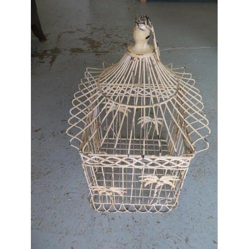 26 - A wirework birdcage with palm tree decoration, 48cm tall x 28cm wide