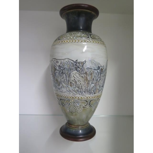 282 - A Royal Doulton Hannah Barlow sgraffito vase decorated with cattle and horses, 30cm tall, restoratio... 