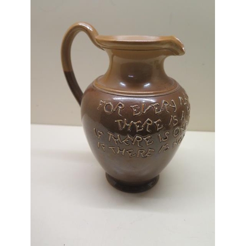 339 - A 19th / 20th century Doulton Lambeth stoneware jug inscribed ' For every ill beneath the sun there ... 