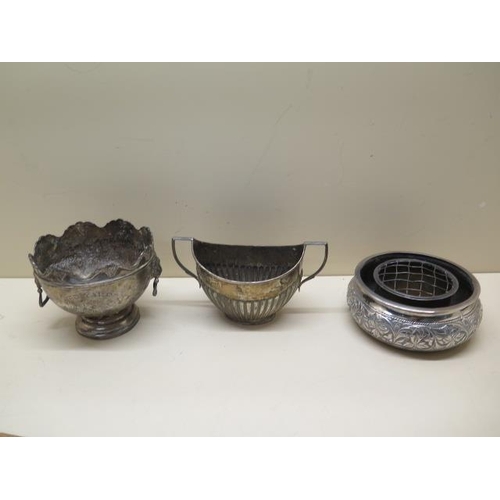 430 - A silver sugar bowl, a silver trophy cup, 8cm tall and an Eastern silver posy bowl, total weight app... 