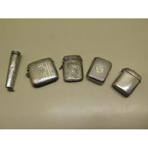 437 - 3 silver vestas, a silver match case and a silver cheroot holder, total weight approx 3.7 troy oz