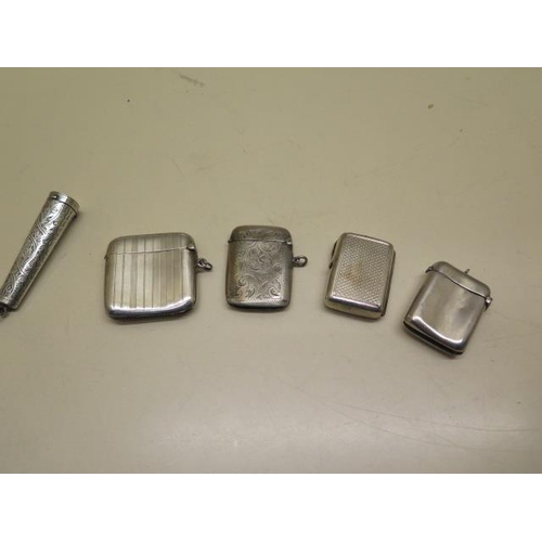 437 - 3 silver vestas, a silver match case and a silver cheroot holder, total weight approx 3.7 troy oz