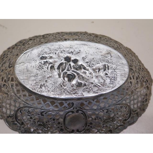 441 - A Continental white metal embossed bon bon dish 24cm wide, approx 6.6 troy oz and a pair of silver b... 