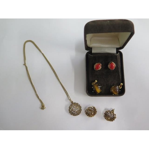 466 - A pair of 9ct earrings and matching pendant on a plated chain, total approx 8.5 grams and two pairs ... 